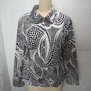 Chicos Sz M Abstract Polka Dot Blazer Black White Graphic Tailored Jacket Womens